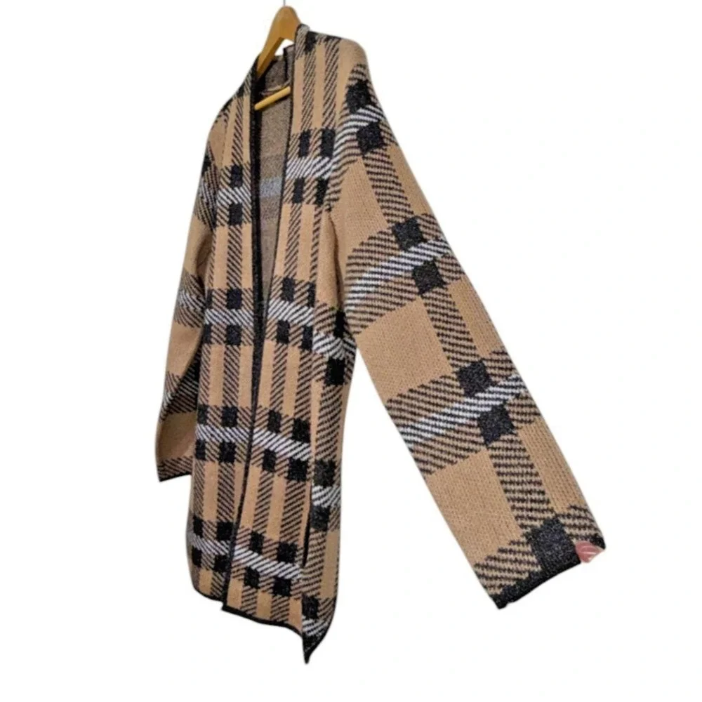 Adrienne Vitadini WOMENS LARGE PRE-OWNED TAN/BLACK CHECKERED FRONT OPEN Cardigan